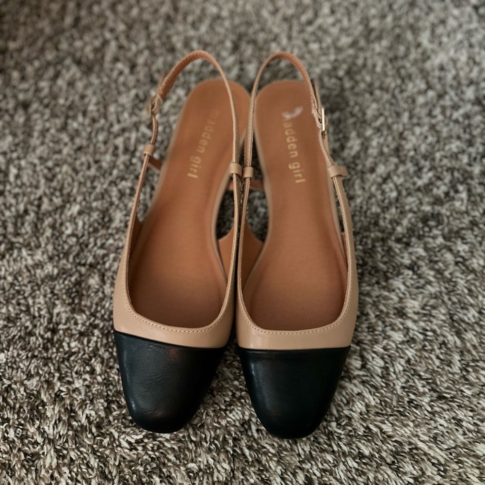 Madden Girl Black and Tan Slingback Flats